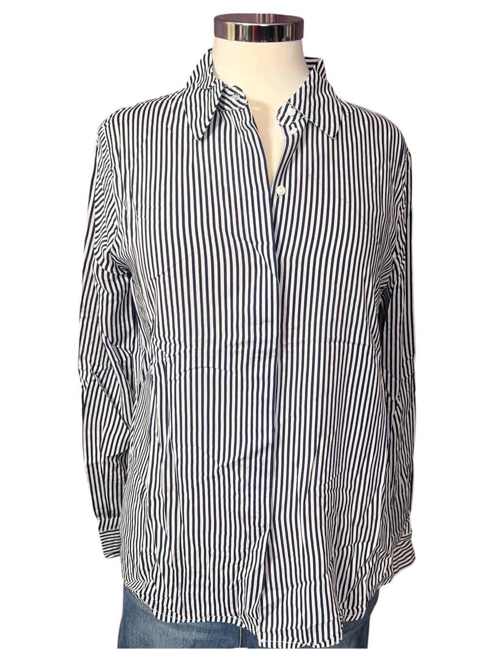 Philosophy Navy and White Stripe Button Up Viscose Long Sleeve Cuffed Shirt